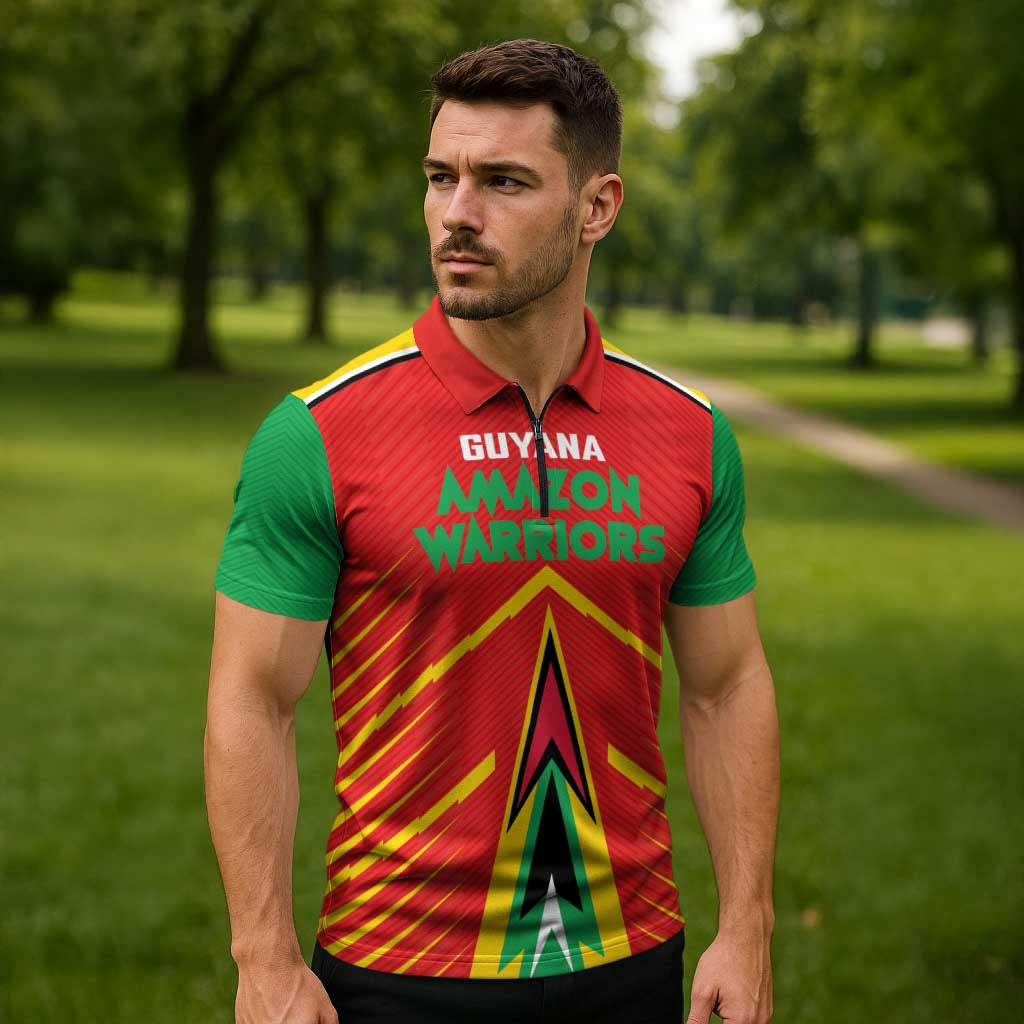 Custom Guyana Cricket Amazon Warriors Zipper Polo Shirt Green Red Gold Glory - Wonder Print Shop