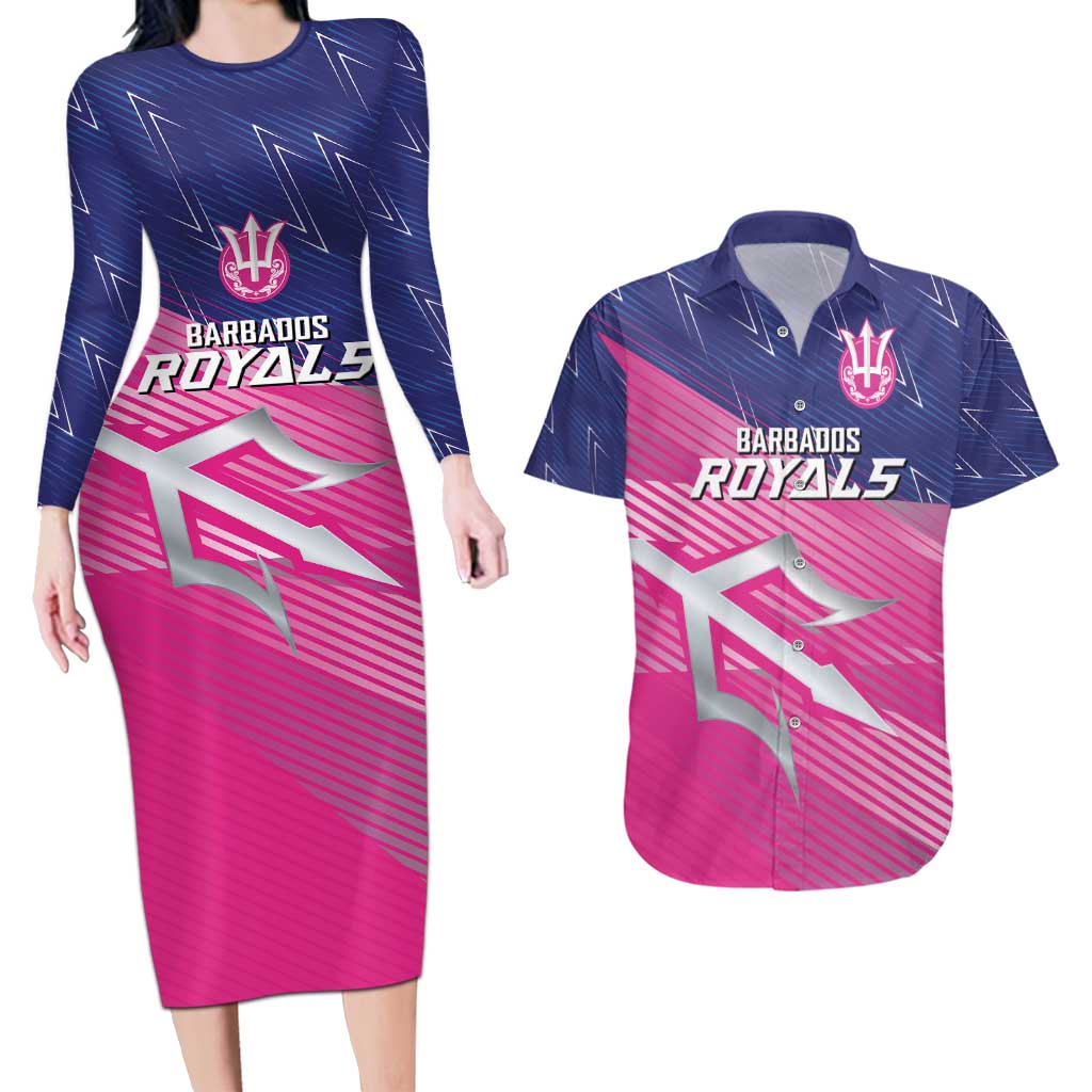 Custom Barbados Cricket Royals Couples Matching Long Sleeve Bodycon Dress and Hawaiian Shirt Sporty Style with Trident Symbol - Wonder Print Shop