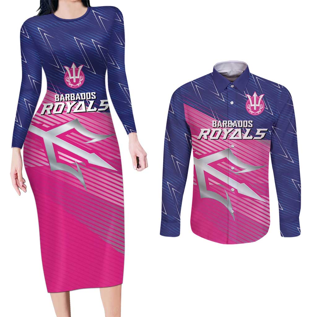 Custom Barbados Cricket Royals Couples Matching Long Sleeve Bodycon Dress and Long Sleeve Button Shirt Sporty Style with Trident Symbol - Wonder Print Shop