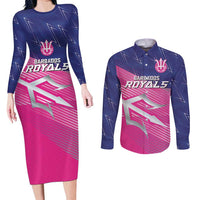 Custom Barbados Cricket Royals Couples Matching Long Sleeve Bodycon Dress and Long Sleeve Button Shirt Sporty Style with Trident Symbol - Wonder Print Shop
