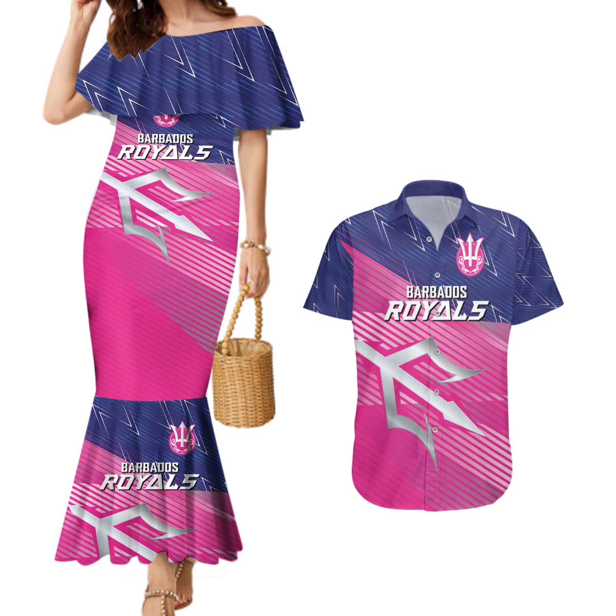Custom Barbados Cricket Royals Couples Matching Mermaid Dress and Hawaiian Shirt Sporty Style with Trident Symbol - Wonder Print Shop