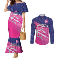Custom Barbados Cricket Royals Couples Matching Mermaid Dress and Long Sleeve Button Shirt Sporty Style with Trident Symbol - Wonder Print Shop