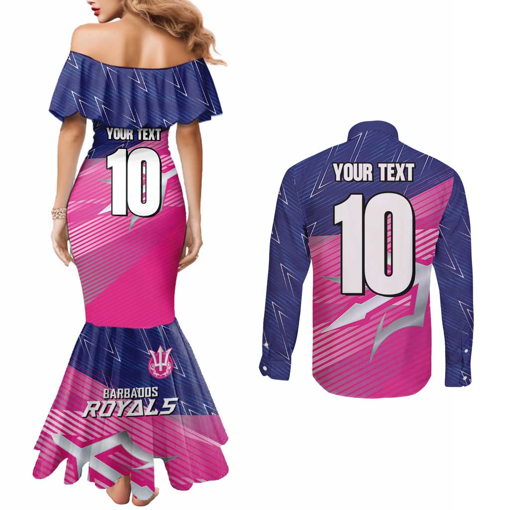 Custom Barbados Cricket Royals Couples Matching Mermaid Dress and Long Sleeve Button Shirt Sporty Style with Trident Symbol - Wonder Print Shop