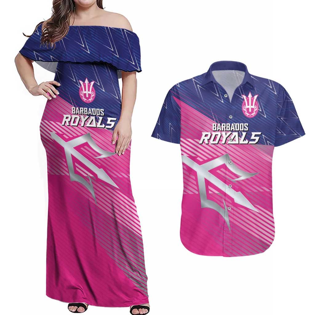 Custom Barbados Cricket Royals Couples Matching Off Shoulder Maxi Dress and Hawaiian Shirt Sporty Style with Trident Symbol - Wonder Print Shop