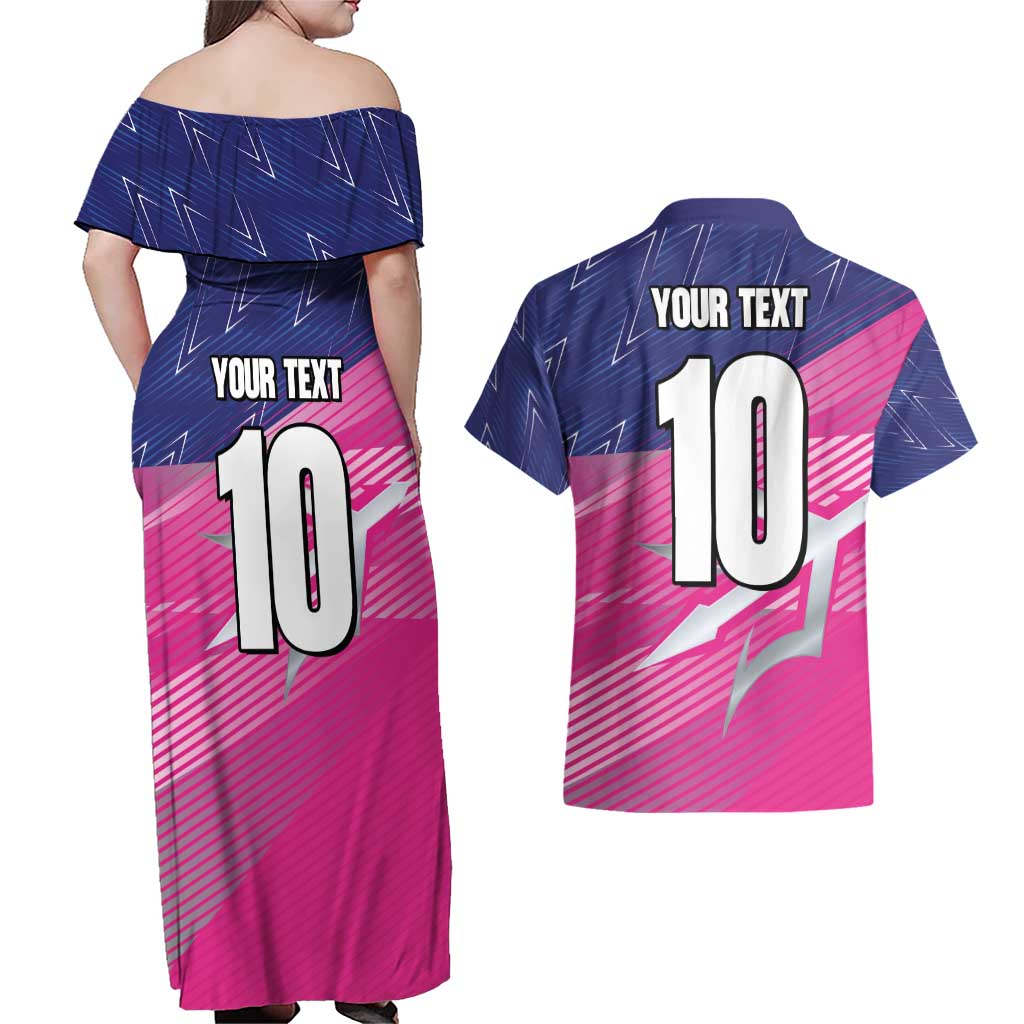 Custom Barbados Cricket Royals Couples Matching Off Shoulder Maxi Dress and Hawaiian Shirt Sporty Style with Trident Symbol - Wonder Print Shop