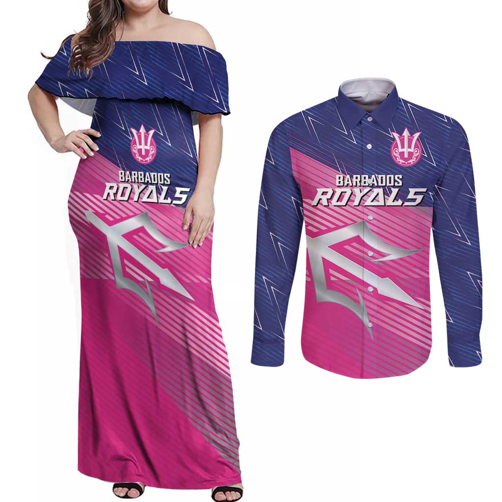 Custom Barbados Cricket Royals Couples Matching Off Shoulder Maxi Dress and Long Sleeve Button Shirt Sporty Style with Trident Symbol - Wonder Print Shop