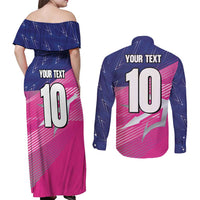 Custom Barbados Cricket Royals Couples Matching Off Shoulder Maxi Dress and Long Sleeve Button Shirt Sporty Style with Trident Symbol - Wonder Print Shop