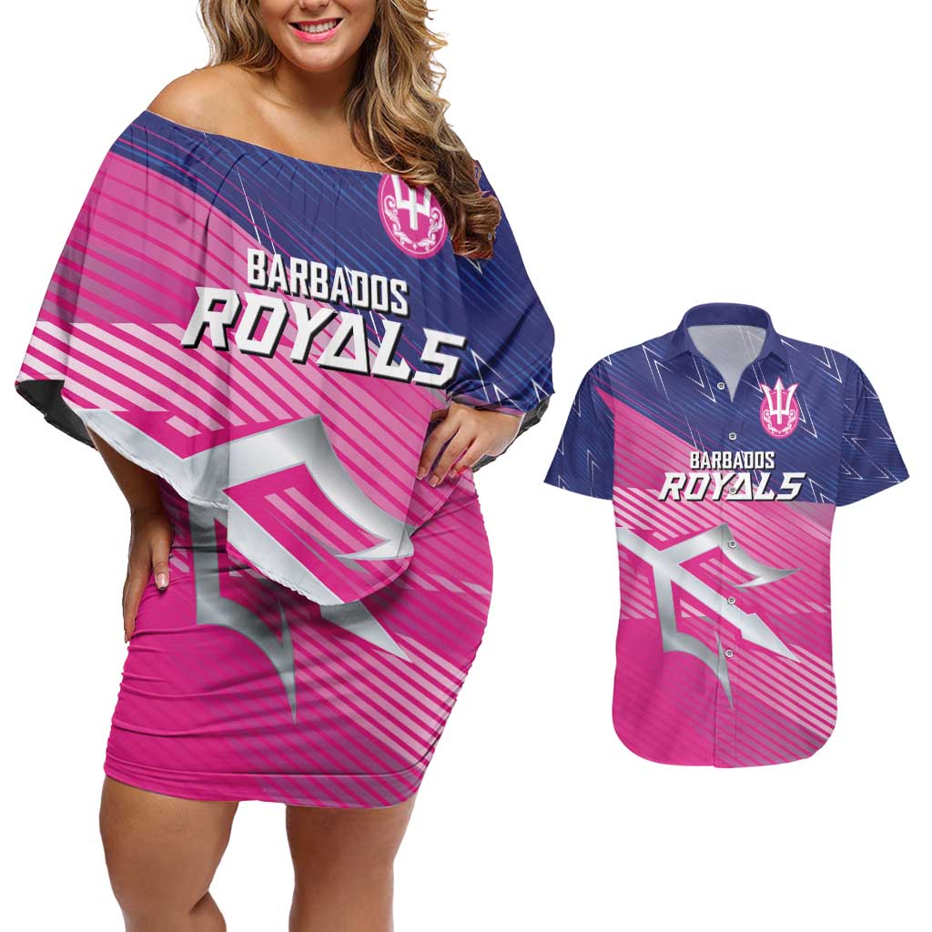 Custom Barbados Cricket Royals Couples Matching Off Shoulder Short Dress and Hawaiian Shirt Sporty Style with Trident Symbol - Wonder Print Shop