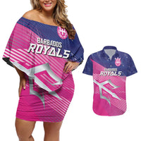 Custom Barbados Cricket Royals Couples Matching Off Shoulder Short Dress and Hawaiian Shirt Sporty Style with Trident Symbol - Wonder Print Shop