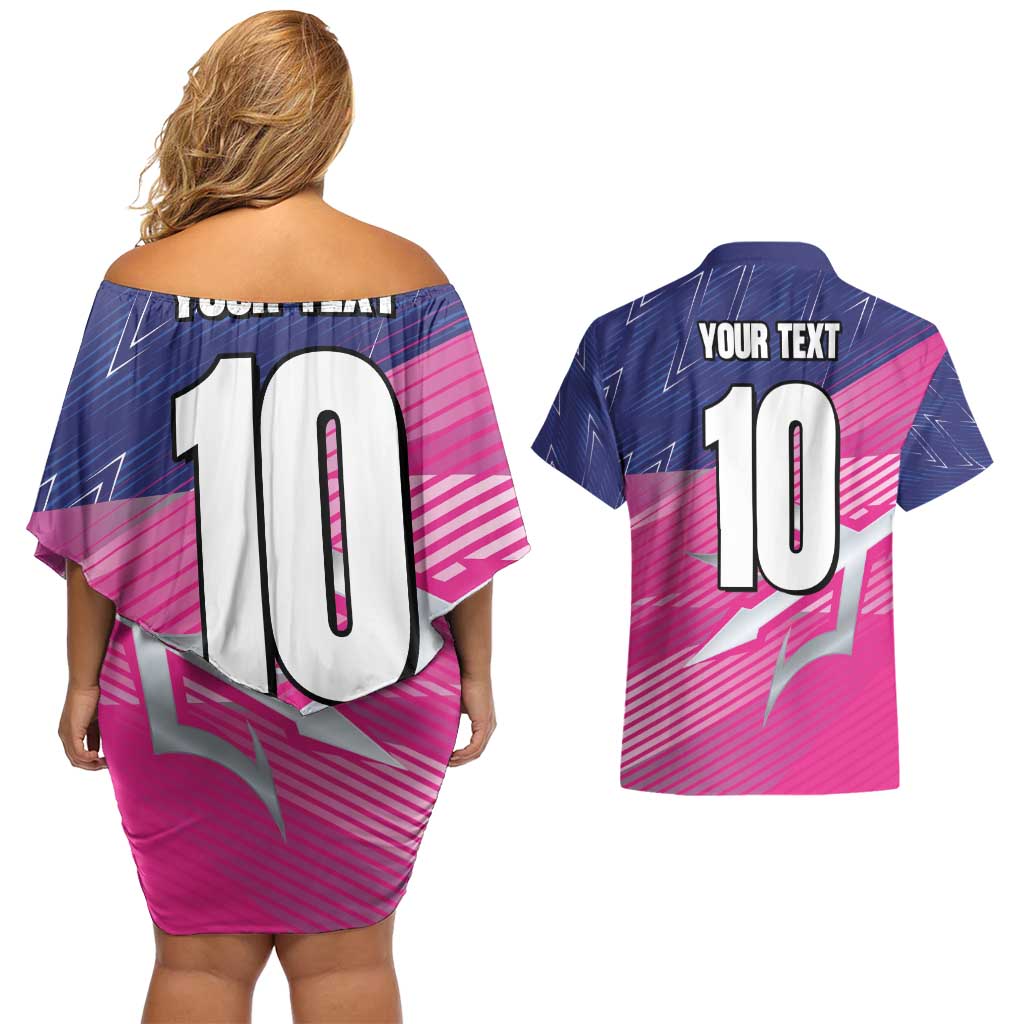 Custom Barbados Cricket Royals Couples Matching Off Shoulder Short Dress and Hawaiian Shirt Sporty Style with Trident Symbol - Wonder Print Shop