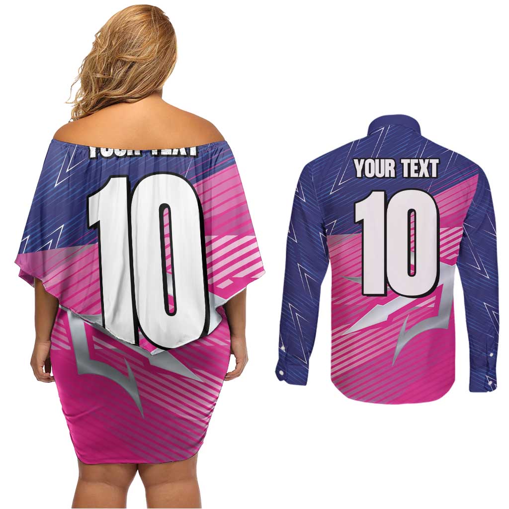 Custom Barbados Cricket Royals Couples Matching Off Shoulder Short Dress and Long Sleeve Button Shirt Sporty Style with Trident Symbol - Wonder Print Shop