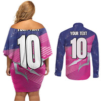 Custom Barbados Cricket Royals Couples Matching Off Shoulder Short Dress and Long Sleeve Button Shirt Sporty Style with Trident Symbol - Wonder Print Shop