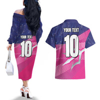 Custom Barbados Cricket Royals Couples Matching Off The Shoulder Long Sleeve Dress and Hawaiian Shirt Sporty Style with Trident Symbol - Wonder Print Shop