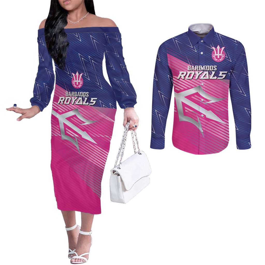 Custom Barbados Cricket Royals Couples Matching Off The Shoulder Long Sleeve Dress and Long Sleeve Button Shirt Sporty Style with Trident Symbol - Wonder Print Shop