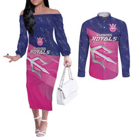 Custom Barbados Cricket Royals Couples Matching Off The Shoulder Long Sleeve Dress and Long Sleeve Button Shirt Sporty Style with Trident Symbol - Wonder Print Shop