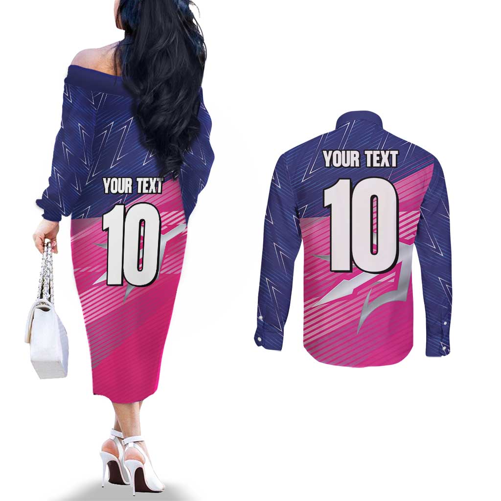 Custom Barbados Cricket Royals Couples Matching Off The Shoulder Long Sleeve Dress and Long Sleeve Button Shirt Sporty Style with Trident Symbol - Wonder Print Shop