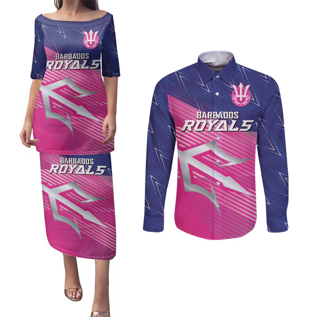 Custom Barbados Cricket Royals Couples Matching Puletasi and Long Sleeve Button Shirt Sporty Style with Trident Symbol - Wonder Print Shop