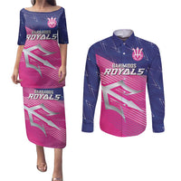 Custom Barbados Cricket Royals Couples Matching Puletasi and Long Sleeve Button Shirt Sporty Style with Trident Symbol - Wonder Print Shop