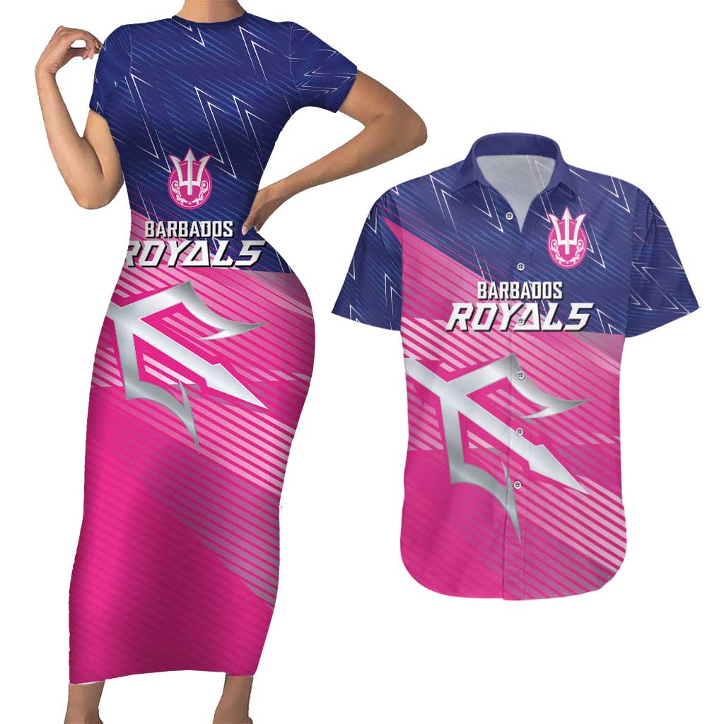 Custom Barbados Cricket Royals Couples Matching Short Sleeve Bodycon Dress and Hawaiian Shirt Sporty Style with Trident Symbol - Wonder Print Shop
