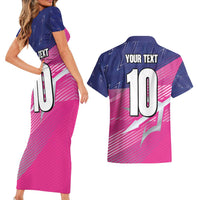 Custom Barbados Cricket Royals Couples Matching Short Sleeve Bodycon Dress and Hawaiian Shirt Sporty Style with Trident Symbol - Wonder Print Shop