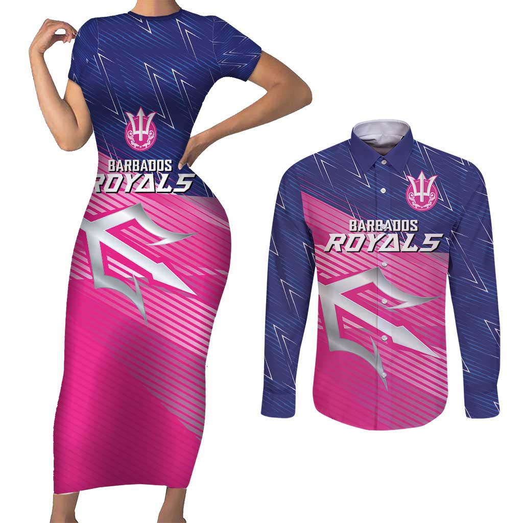 Custom Barbados Cricket Royals Couples Matching Short Sleeve Bodycon Dress and Long Sleeve Button Shirt Sporty Style with Trident Symbol - Wonder Print Shop