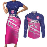 Custom Barbados Cricket Royals Couples Matching Short Sleeve Bodycon Dress and Long Sleeve Button Shirt Sporty Style with Trident Symbol - Wonder Print Shop