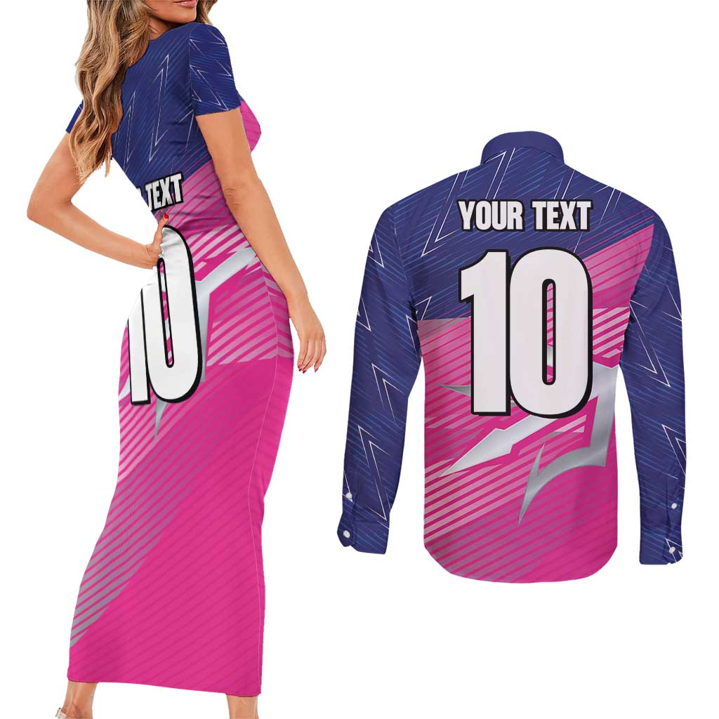 Custom Barbados Cricket Royals Couples Matching Short Sleeve Bodycon Dress and Long Sleeve Button Shirt Sporty Style with Trident Symbol - Wonder Print Shop