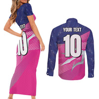 Custom Barbados Cricket Royals Couples Matching Short Sleeve Bodycon Dress and Long Sleeve Button Shirt Sporty Style with Trident Symbol - Wonder Print Shop