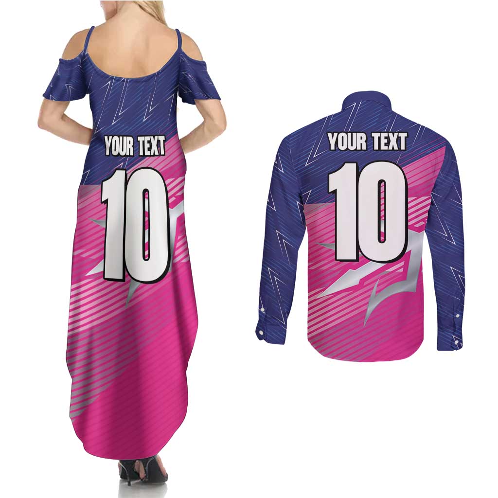 Custom Barbados Cricket Royals Couples Matching Summer Maxi Dress and Long Sleeve Button Shirt Sporty Style with Trident Symbol - Wonder Print Shop