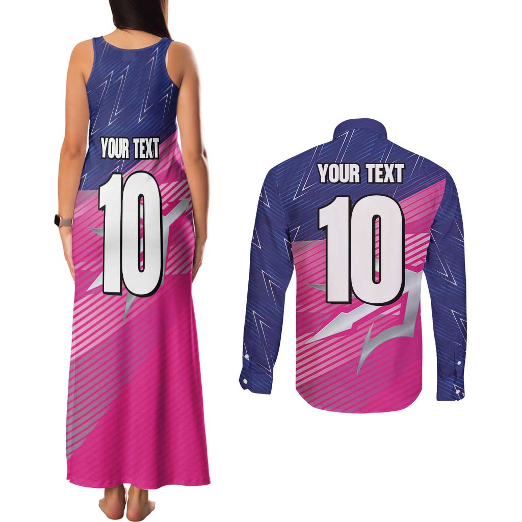 Custom Barbados Cricket Royals Couples Matching Tank Maxi Dress and Long Sleeve Button Shirt Sporty Style with Trident Symbol - Wonder Print Shop
