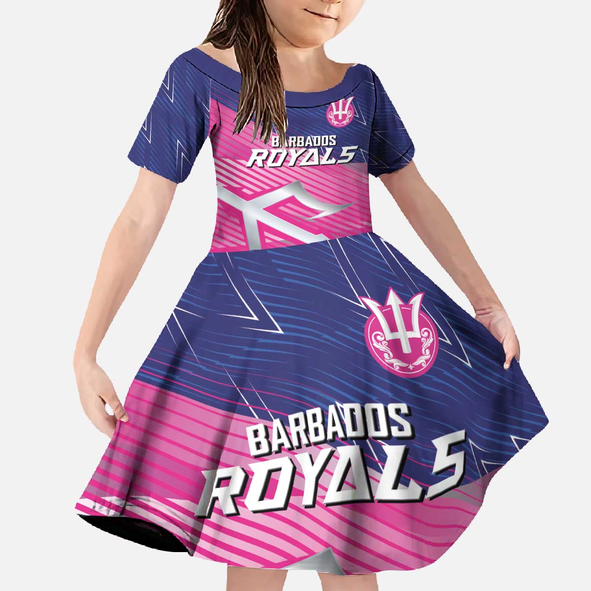 Custom Barbados Cricket Royals Family Matching Off The Shoulder Long Sleeve Dress and Hawaiian Shirt Sporty Style with Trident Symbol - Wonder Print Shop