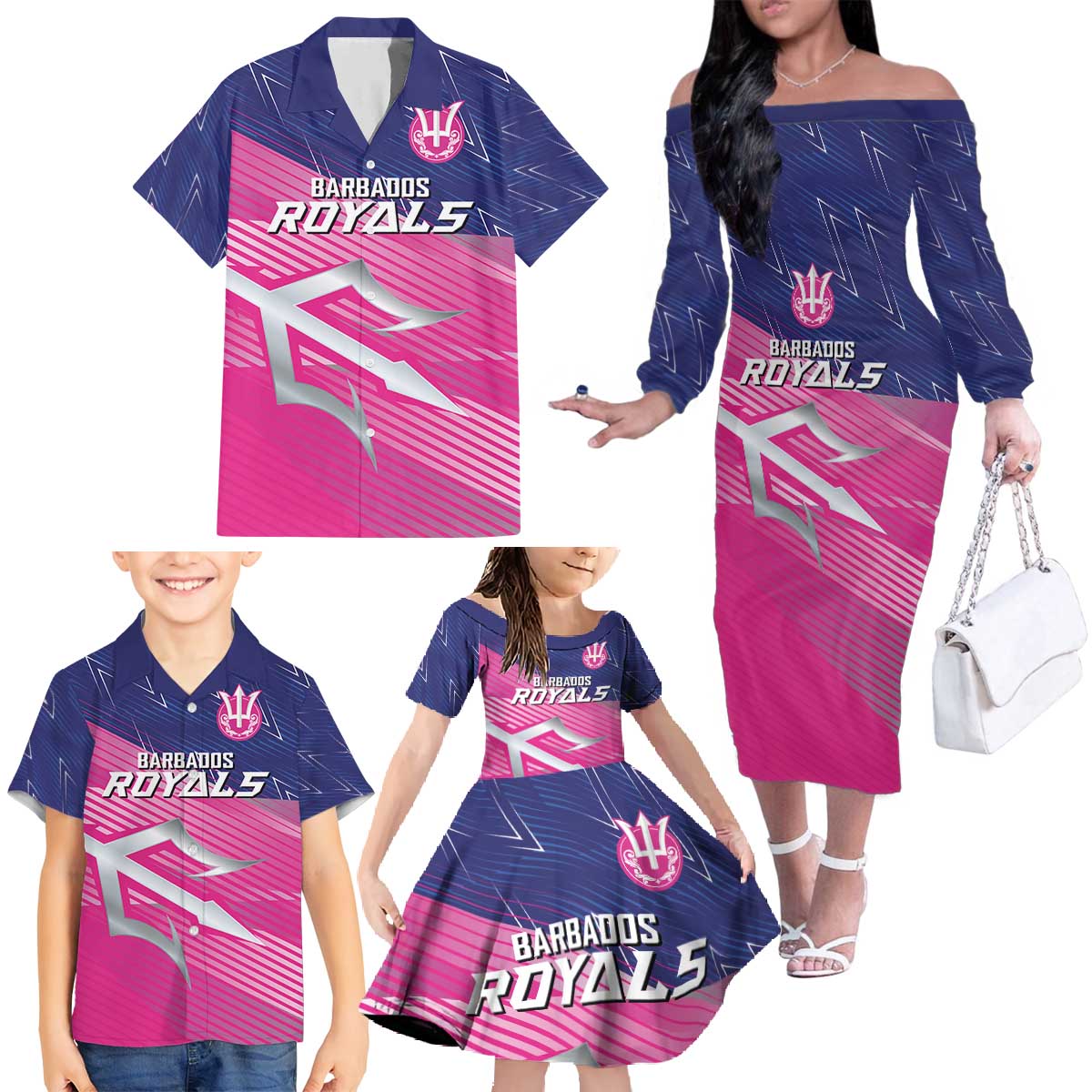 Custom Barbados Cricket Royals Family Matching Off The Shoulder Long Sleeve Dress and Hawaiian Shirt Sporty Style with Trident Symbol - Wonder Print Shop