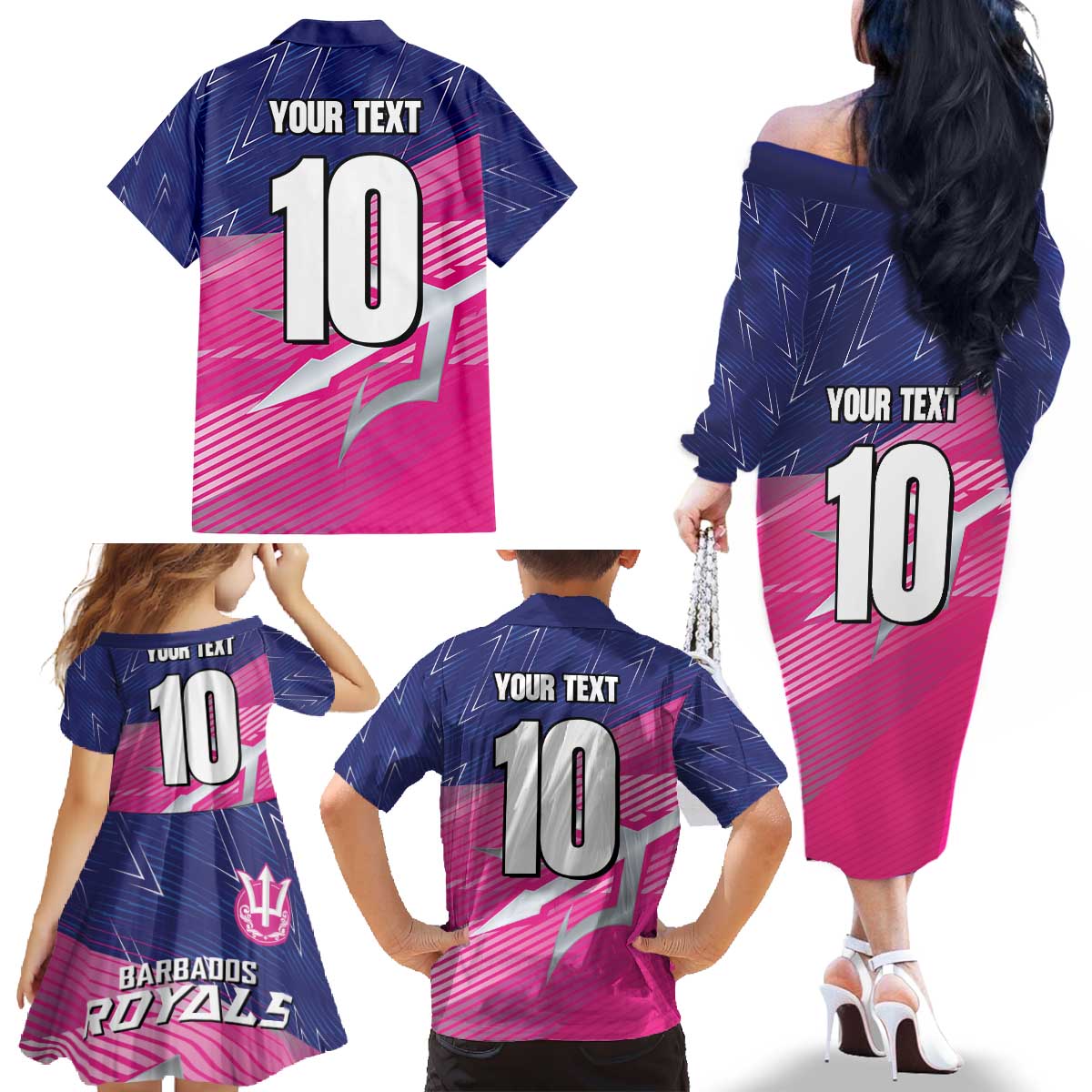 Custom Barbados Cricket Royals Family Matching Off The Shoulder Long Sleeve Dress and Hawaiian Shirt Sporty Style with Trident Symbol - Wonder Print Shop