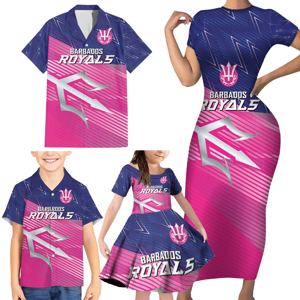 Custom Barbados Cricket Royals Family Matching Short Sleeve Bodycon Dress and Hawaiian Shirt Sporty Style with Trident Symbol - Wonder Print Shop