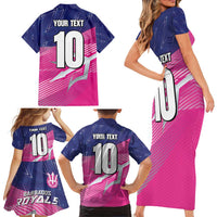 Custom Barbados Cricket Royals Family Matching Short Sleeve Bodycon Dress and Hawaiian Shirt Sporty Style with Trident Symbol - Wonder Print Shop