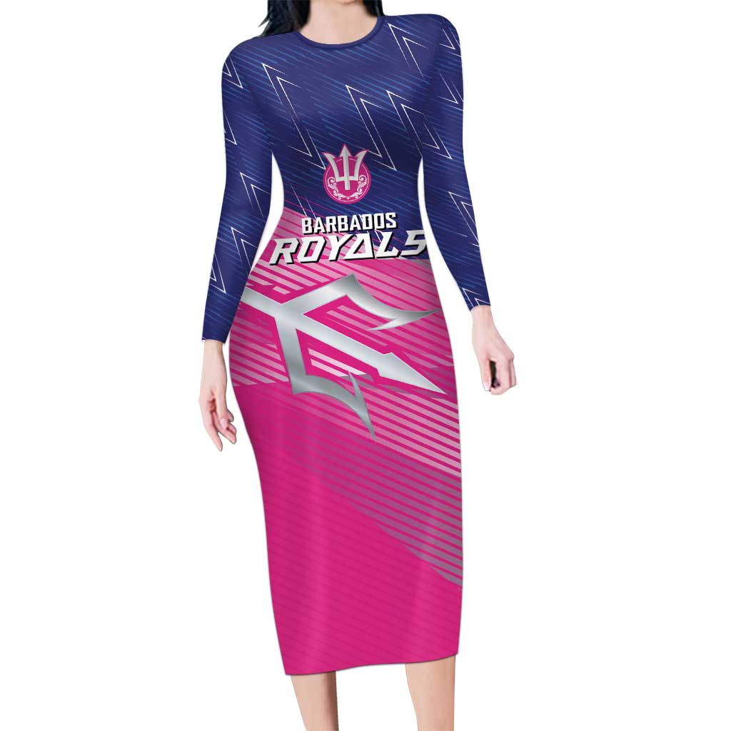 Custom Barbados Cricket Royals Long Sleeve Bodycon Dress Sporty Style with Trident Symbol - Wonder Print Shop