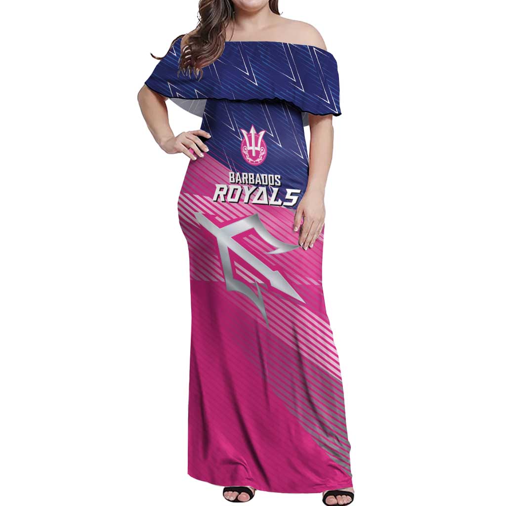 Custom Barbados Cricket Royals Off Shoulder Maxi Dress Sporty Style with Trident Symbol - Wonder Print Shop