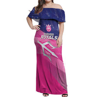 Custom Barbados Cricket Royals Off Shoulder Maxi Dress Sporty Style with Trident Symbol - Wonder Print Shop