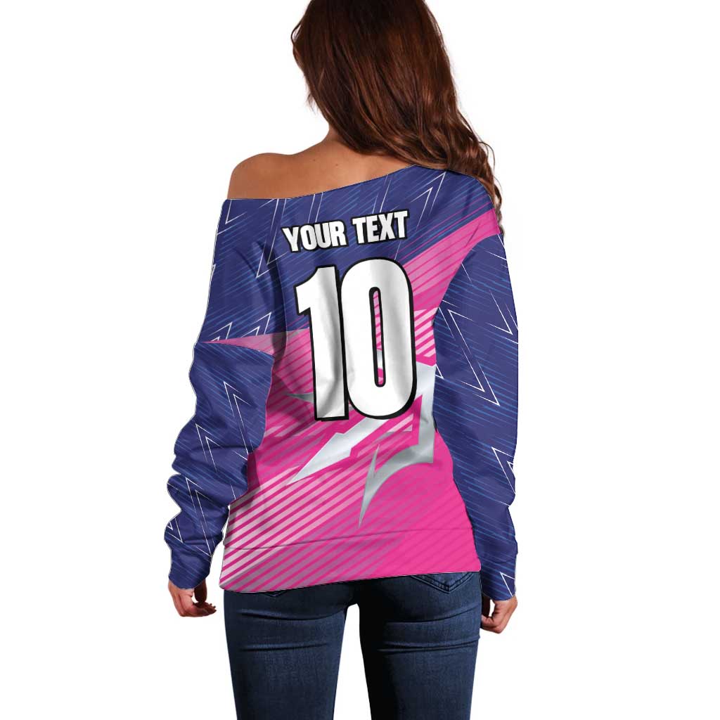 Custom Barbados Cricket Royals Off Shoulder Sweater Sporty Style with Trident Symbol - Wonder Print Shop