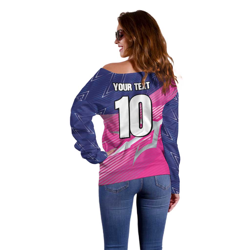 Custom Barbados Cricket Royals Off Shoulder Sweater Sporty Style with Trident Symbol - Wonder Print Shop