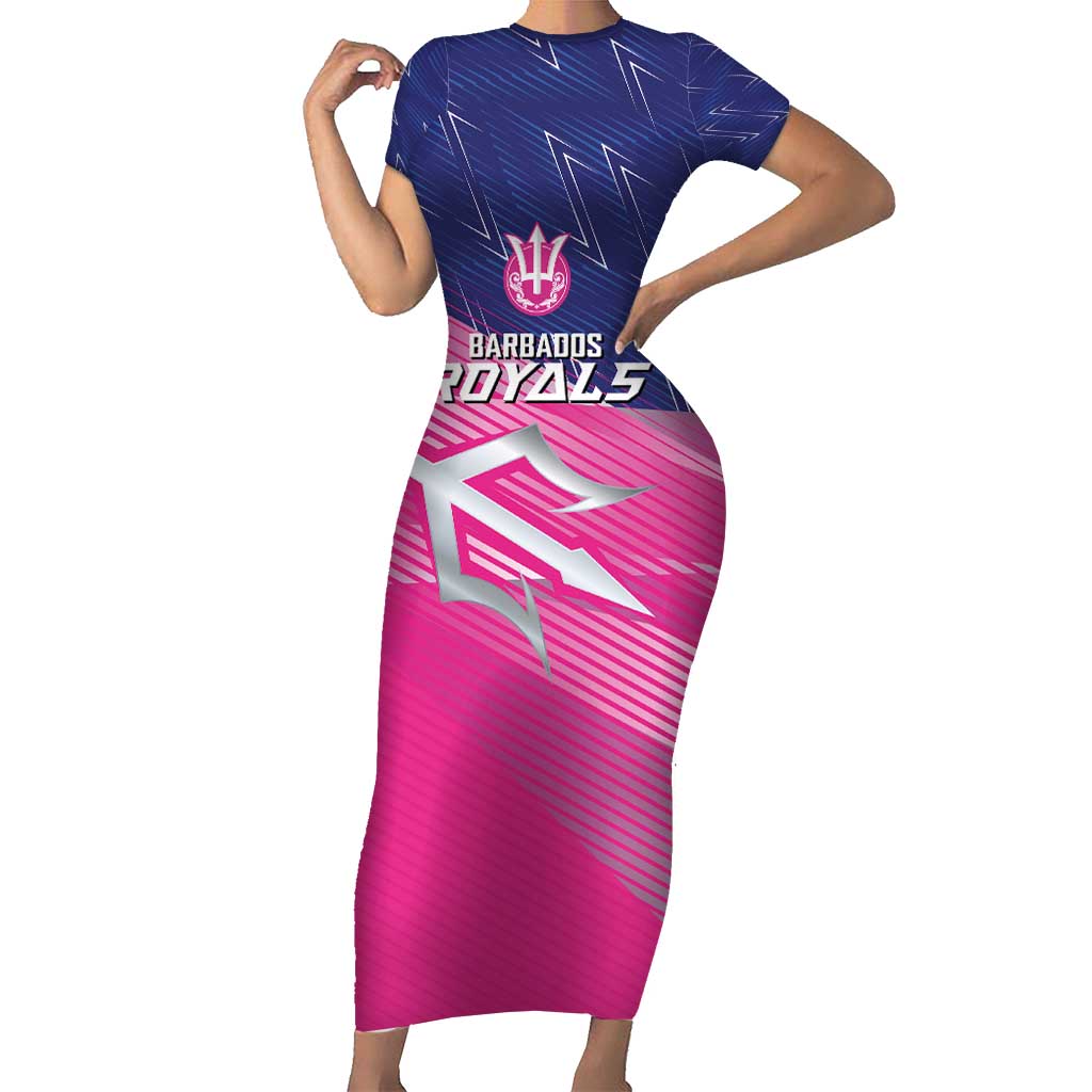 Custom Barbados Cricket Royals Short Sleeve Bodycon Dress Sporty Style with Trident Symbol - Wonder Print Shop