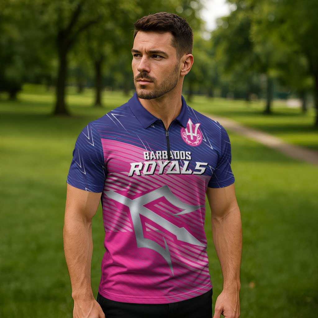 Custom Barbados Cricket Royals Zipper Polo Shirt Sporty Style with Trident Symbol - Wonder Print Shop