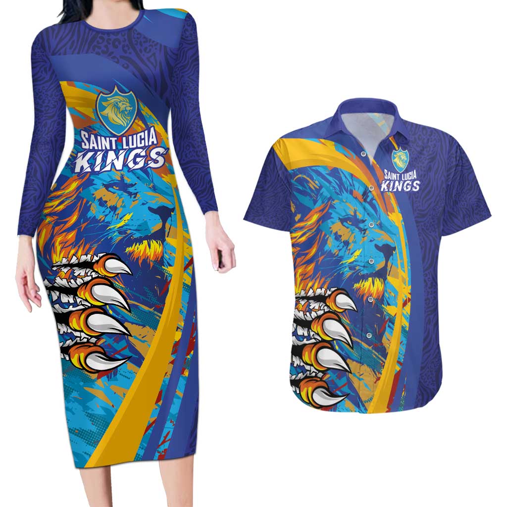 Custom Saint Lucia Cricket Kings Couples Matching Long Sleeve Bodycon Dress and Hawaiian Shirt Power Lions of Caribbean - Wonder Print Shop