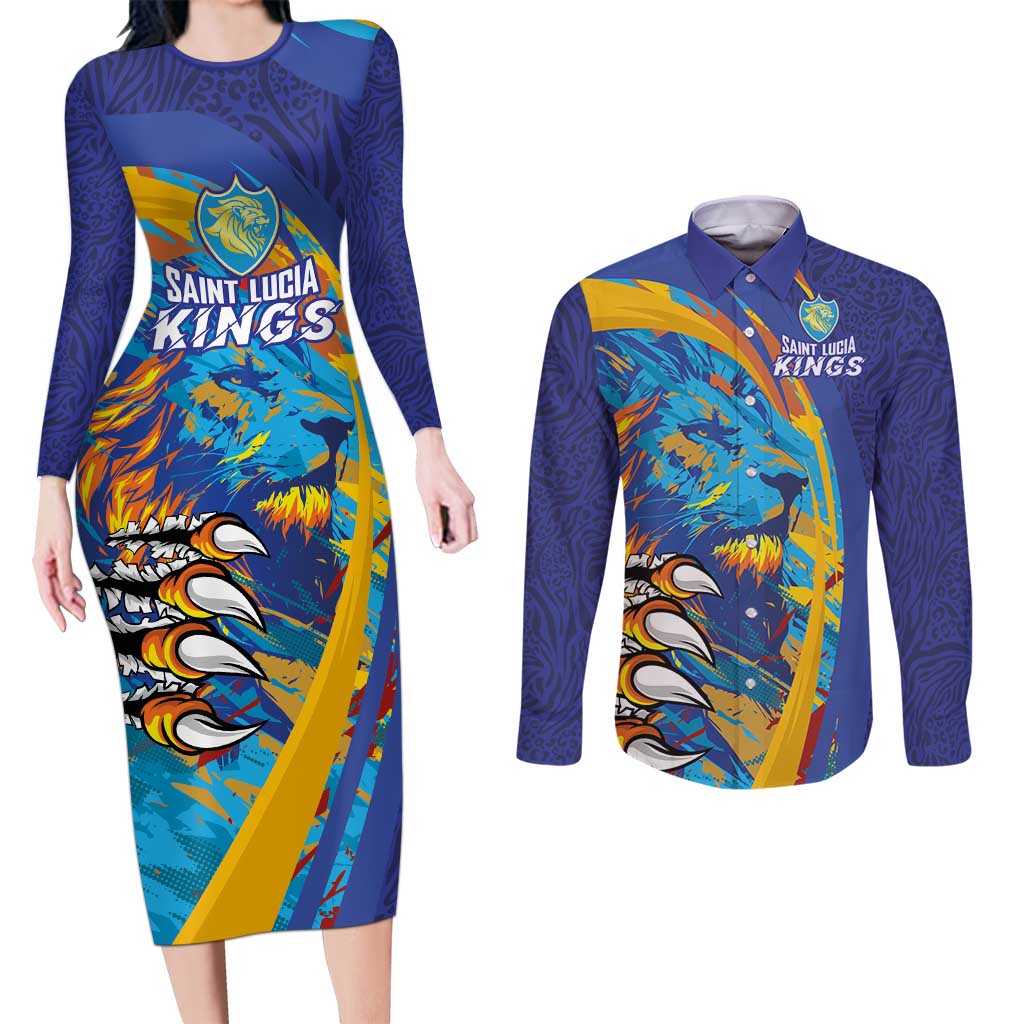 Custom Saint Lucia Cricket Kings Couples Matching Long Sleeve Bodycon Dress and Long Sleeve Button Shirt Power Lions of Caribbean - Wonder Print Shop