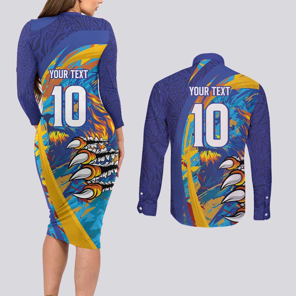 Custom Saint Lucia Cricket Kings Couples Matching Long Sleeve Bodycon Dress and Long Sleeve Button Shirt Power Lions of Caribbean - Wonder Print Shop