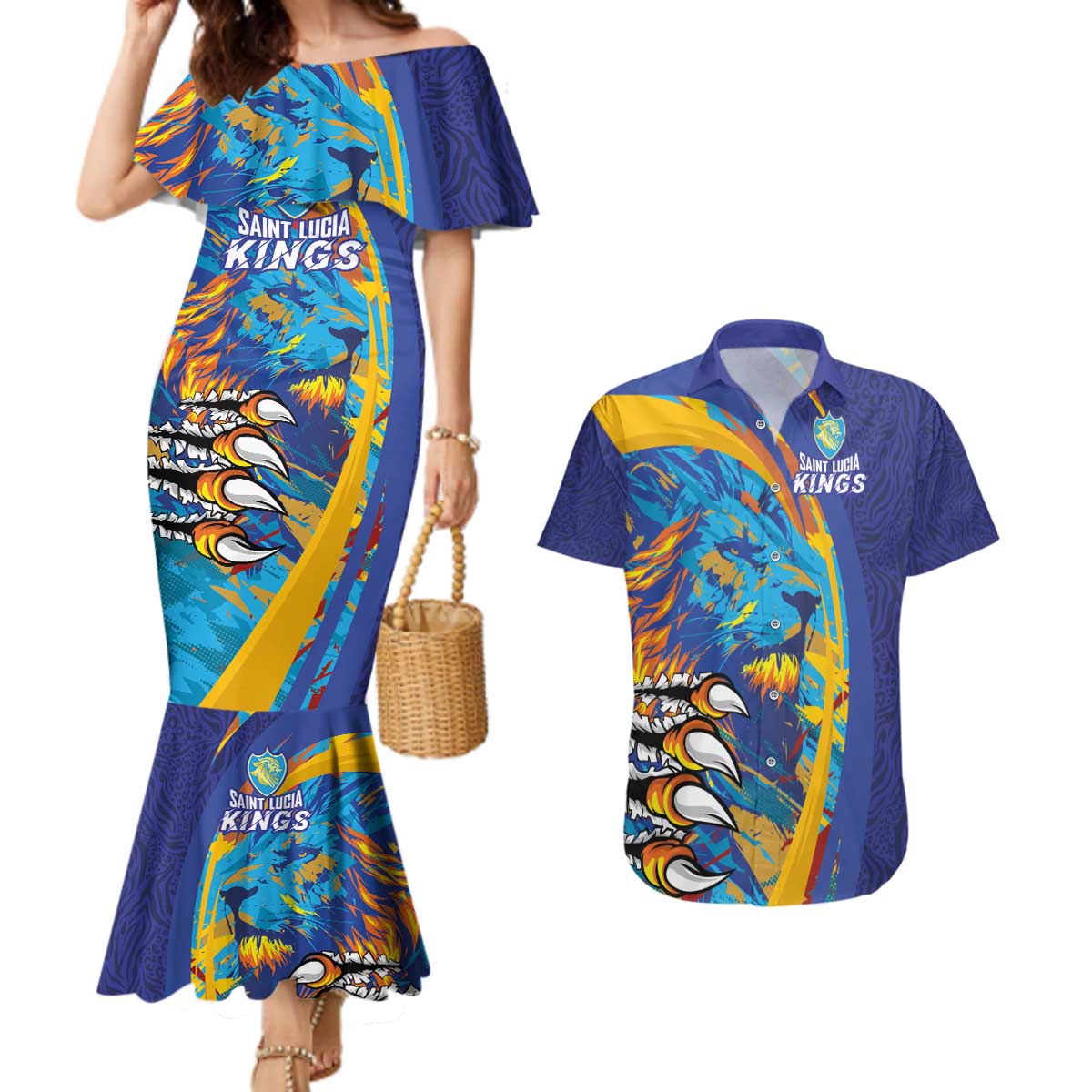 Custom Saint Lucia Cricket Kings Couples Matching Mermaid Dress and Hawaiian Shirt Power Lions of Caribbean - Wonder Print Shop