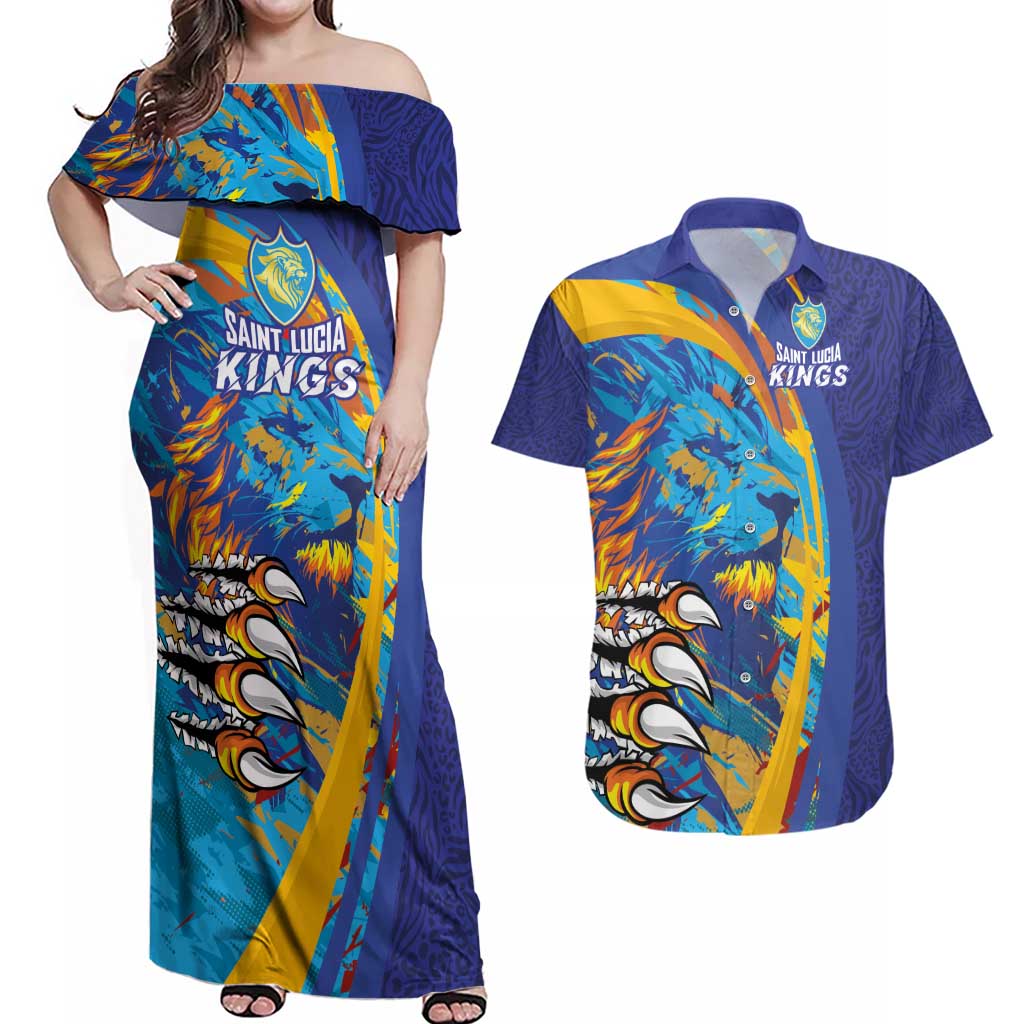 Custom Saint Lucia Cricket Kings Couples Matching Off Shoulder Maxi Dress and Hawaiian Shirt Power Lions of Caribbean - Wonder Print Shop