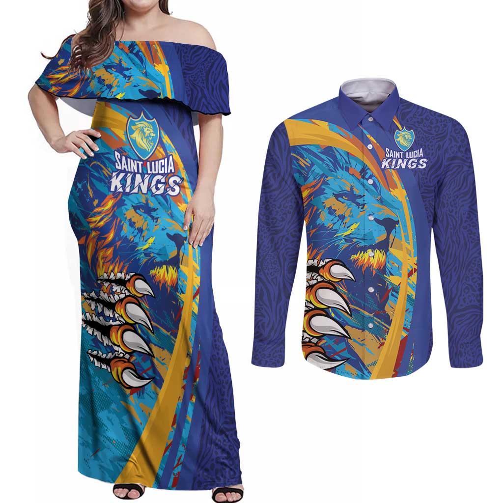 Custom Saint Lucia Cricket Kings Couples Matching Off Shoulder Maxi Dress and Long Sleeve Button Shirt Power Lions of Caribbean - Wonder Print Shop