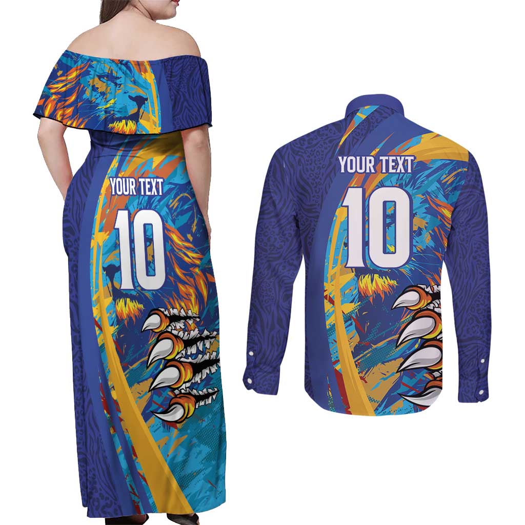 Custom Saint Lucia Cricket Kings Couples Matching Off Shoulder Maxi Dress and Long Sleeve Button Shirt Power Lions of Caribbean - Wonder Print Shop