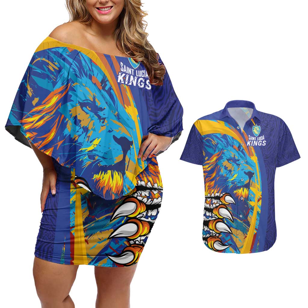 Custom Saint Lucia Cricket Kings Couples Matching Off Shoulder Short Dress and Hawaiian Shirt Power Lions of Caribbean - Wonder Print Shop